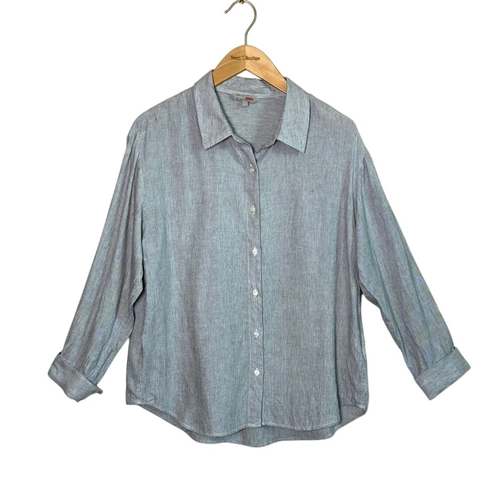 Trensic SPAO Women Large Grey Pinstripe Modal Linen Blend Button Up Top Classic‎